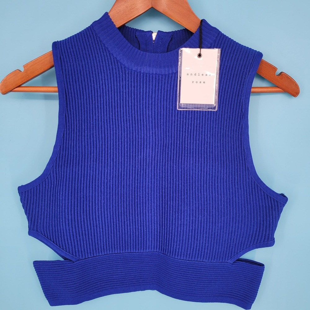 Endless Rose Cobalt Blue Ribbed Knit Cutout Sweater Vest Medium Cropped top